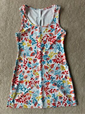 Nuu Muu White Tank Dress with Red, Blue & Yellow Leaf Print